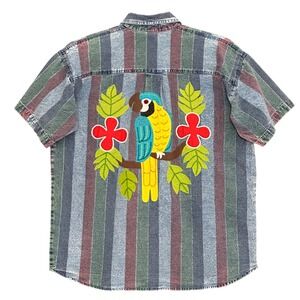 Vintage 90s Mens Shirt XL Retro Tropical Acid Wash Denim Parrot Patchwork Beach